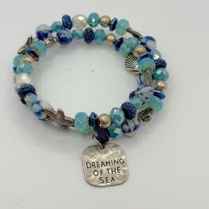 Coastal Blue Beaded Wrap Bracelet with Fish Starfish & Shell Charms Memory Wire